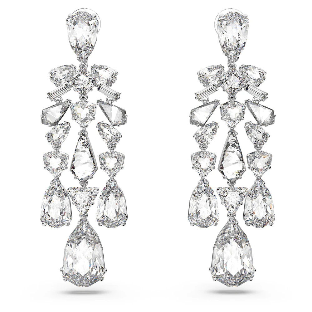 Mesmera clip earrings, Mixed cuts, Chandelier, White, Rhodium plated by SWAROVSKI