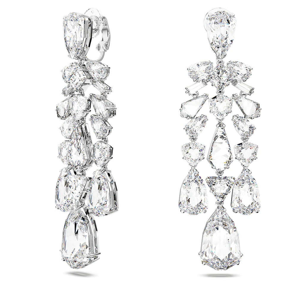 Mesmera clip earrings, Mixed cuts, Chandelier, White, Rhodium plated by SWAROVSKI