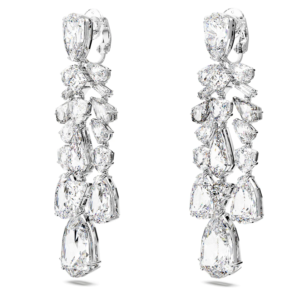 Mesmera clip earrings, Mixed cuts, Chandelier, White, Rhodium plated by SWAROVSKI