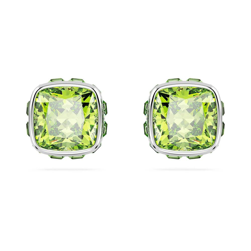 Birthstone stud earrings, Square cut, August, Green, Rhodium plated by SWAROVSKI