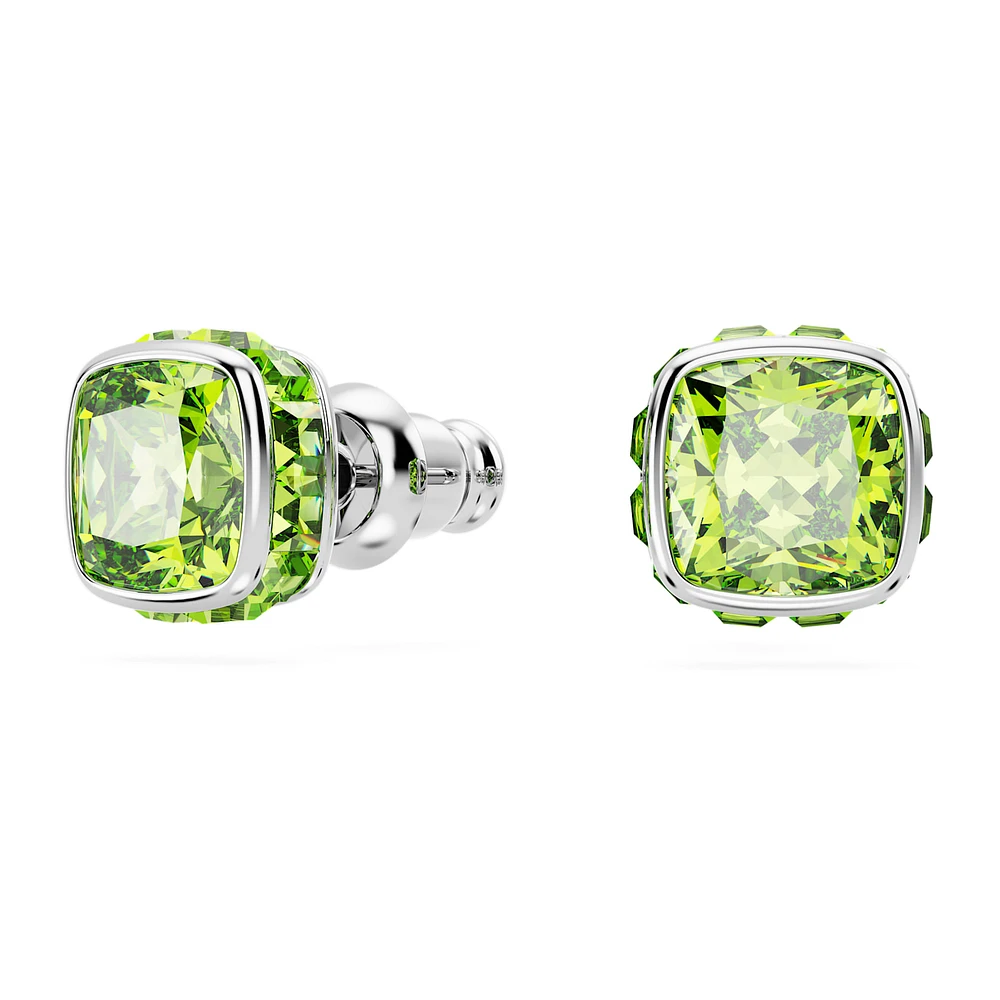 Birthstone stud earrings, Square cut, August, Green, Rhodium plated by SWAROVSKI