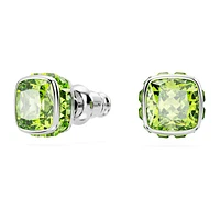 Birthstone stud earrings, Square cut, August, Green, Rhodium plated by SWAROVSKI