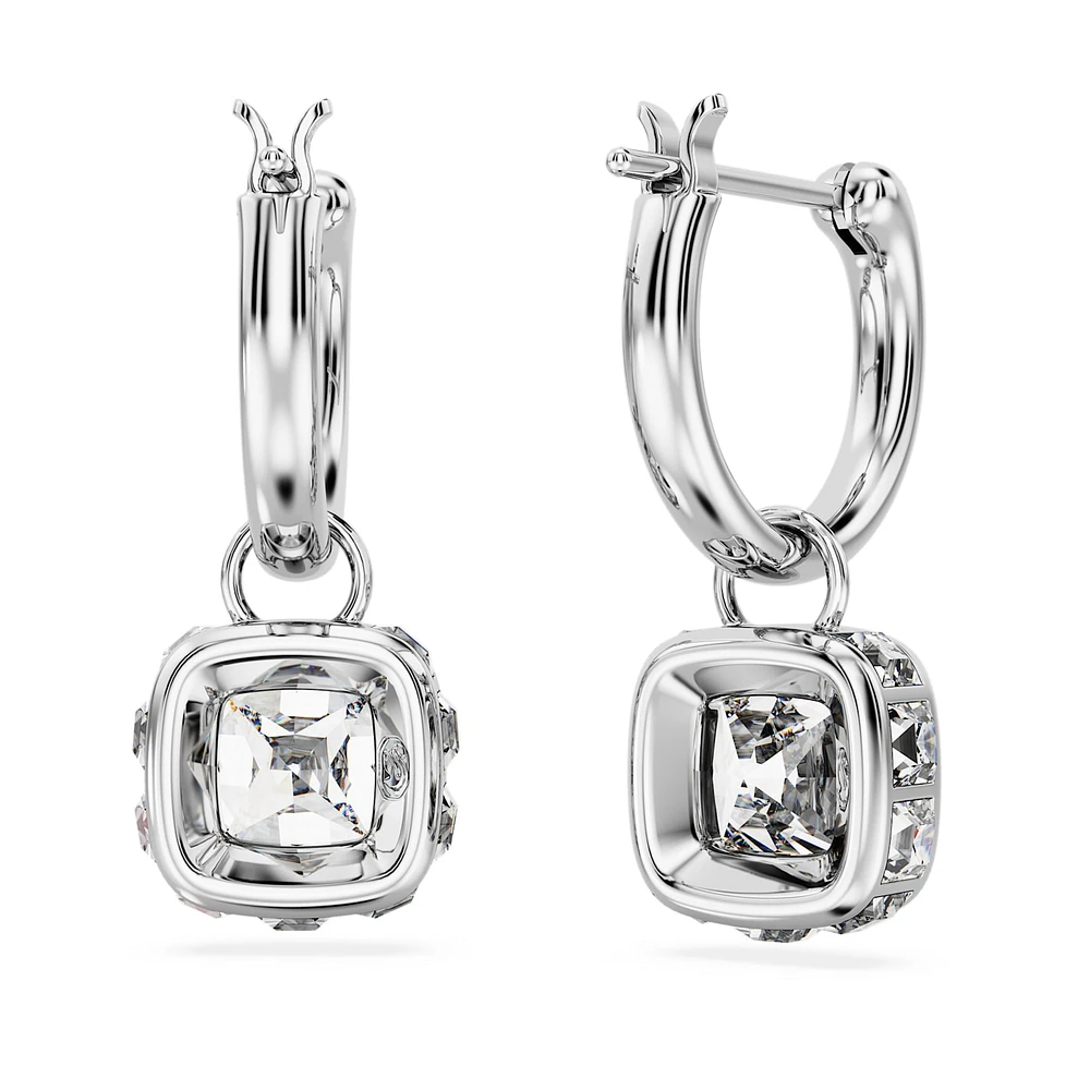 Stilla drop earrings, Square cut, White, Rhodium plated by SWAROVSKI