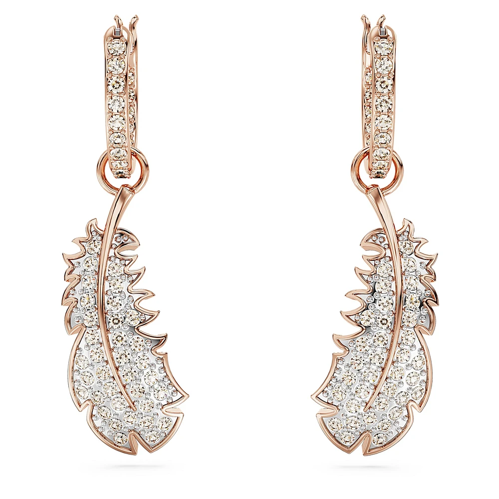 Nice drop earrings, Feather, White, Rose gold-tone plated by SWAROVSKI
