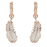 Nice drop earrings, Feather, White, Rose gold-tone plated by SWAROVSKI