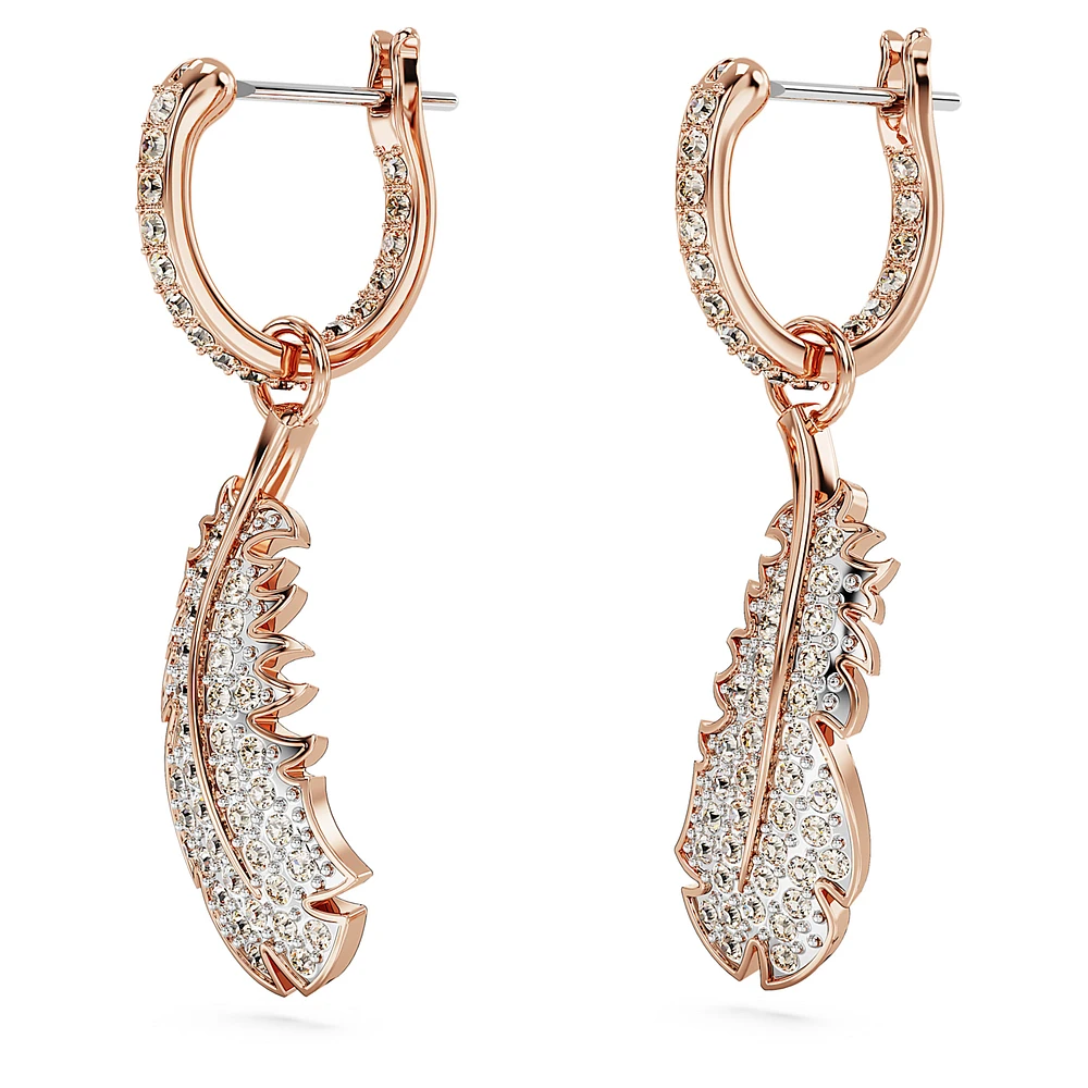Nice drop earrings, Feather, White, Rose gold-tone plated by SWAROVSKI