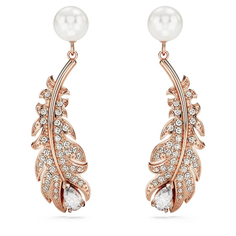 Nice drop earrings, Crystal pearl, Mixed cuts, Feather, White, Rose gold-tone plated by SWAROVSKI