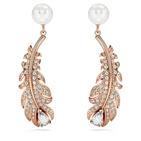 Nice drop earrings, Crystal pearl, Mixed cuts, Feather, White, Rose gold-tone plated by SWAROVSKI