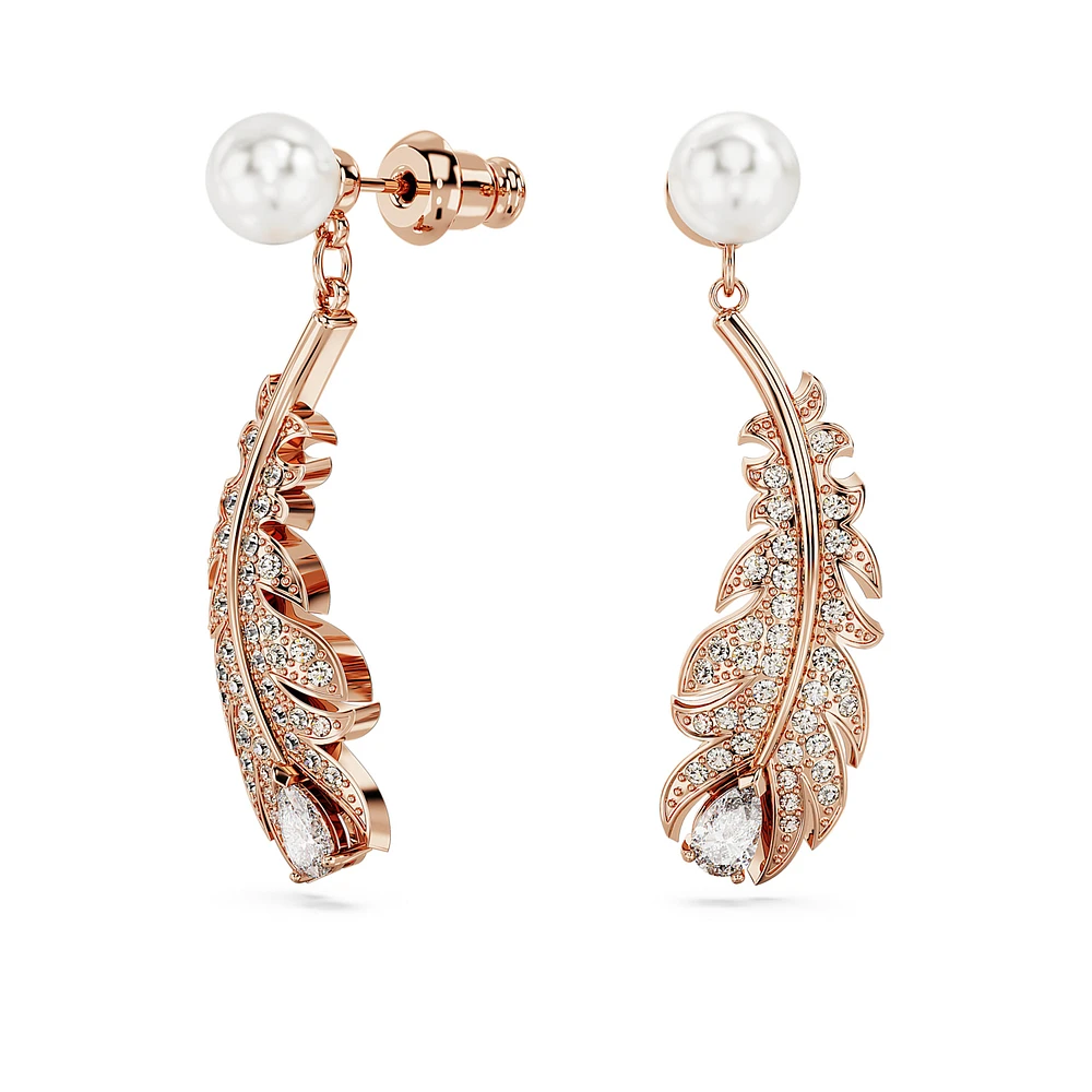 Nice drop earrings, Crystal pearl, Mixed cuts, Feather, White, Rose gold-tone plated by SWAROVSKI