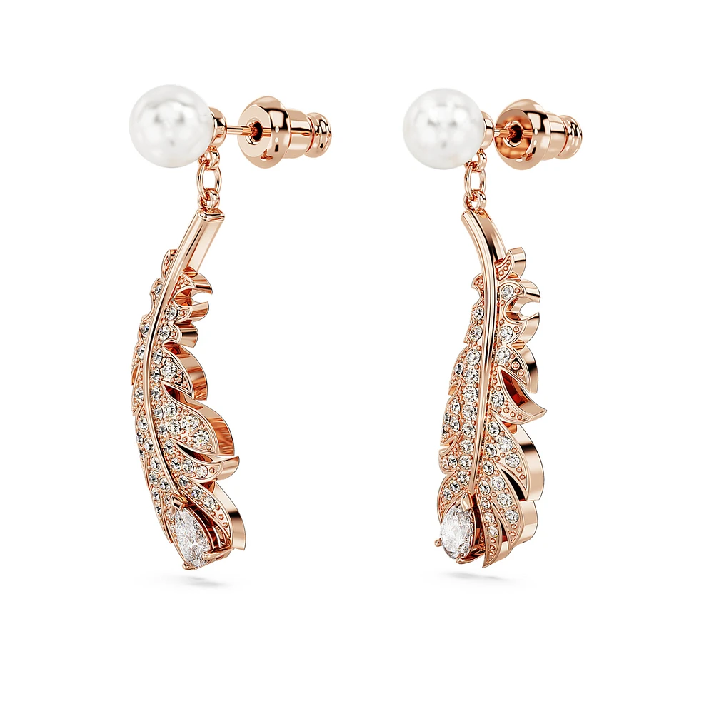 Nice drop earrings, Crystal pearl, Mixed cuts, Feather, White, Rose gold-tone plated by SWAROVSKI