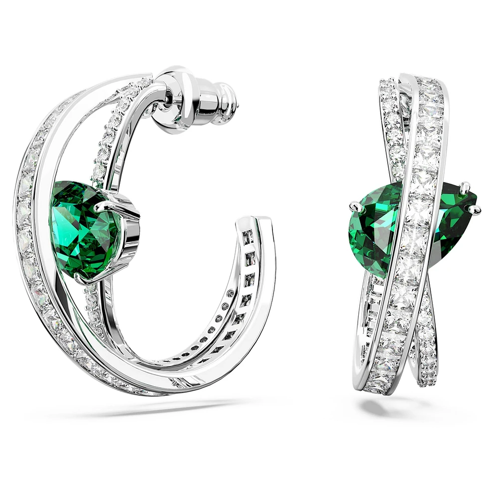 Hyperbola hoop earrings, Mixed cuts, Green, Rhodium plated by SWAROVSKI