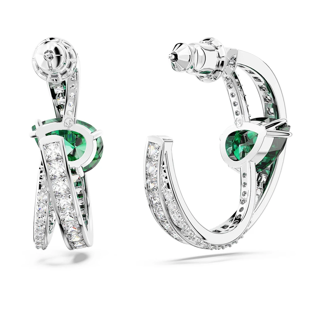 Hyperbola hoop earrings, Mixed cuts, Green, Rhodium plated by SWAROVSKI