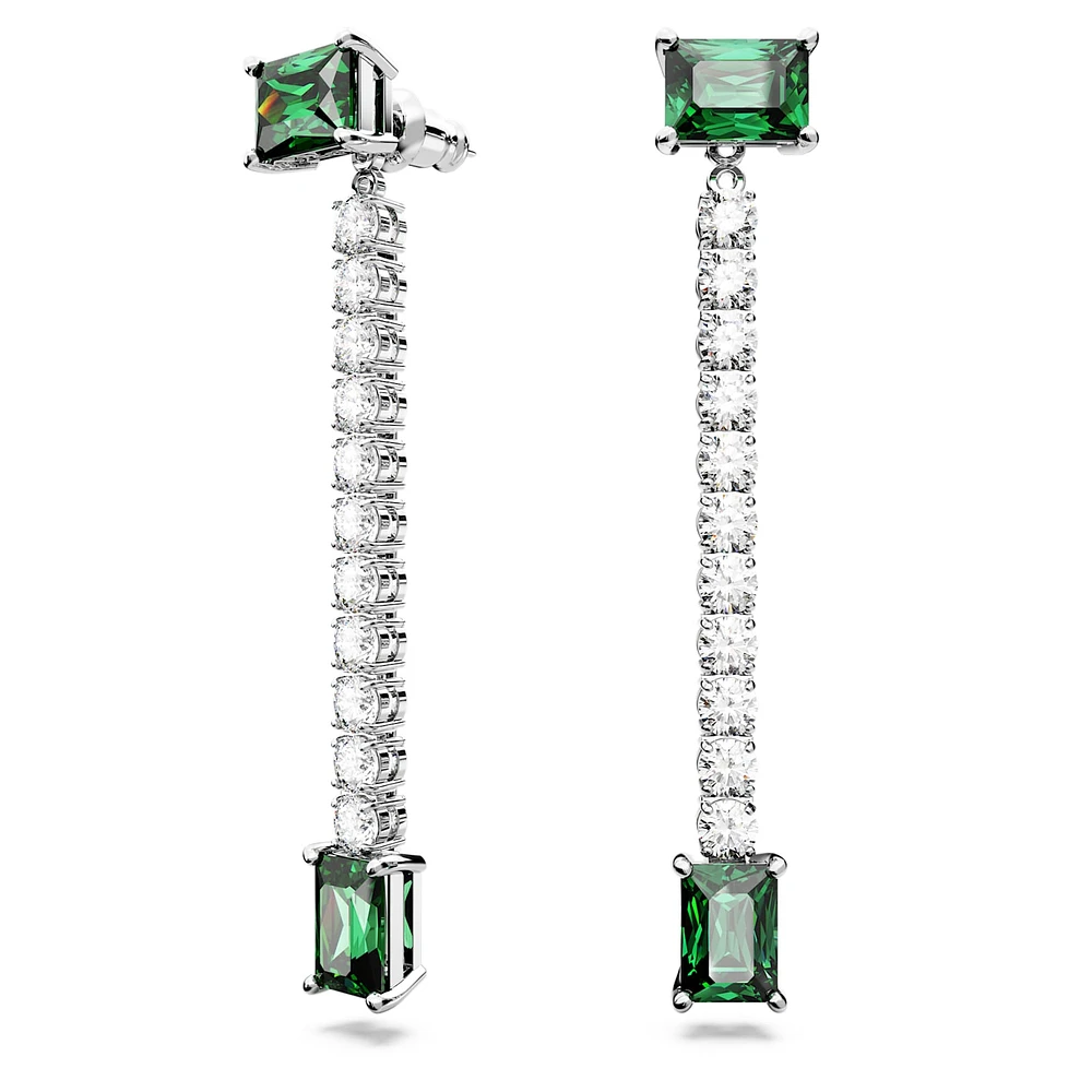 Matrix drop earrings, Mixed cuts, Green, Rhodium plated by SWAROVSKI