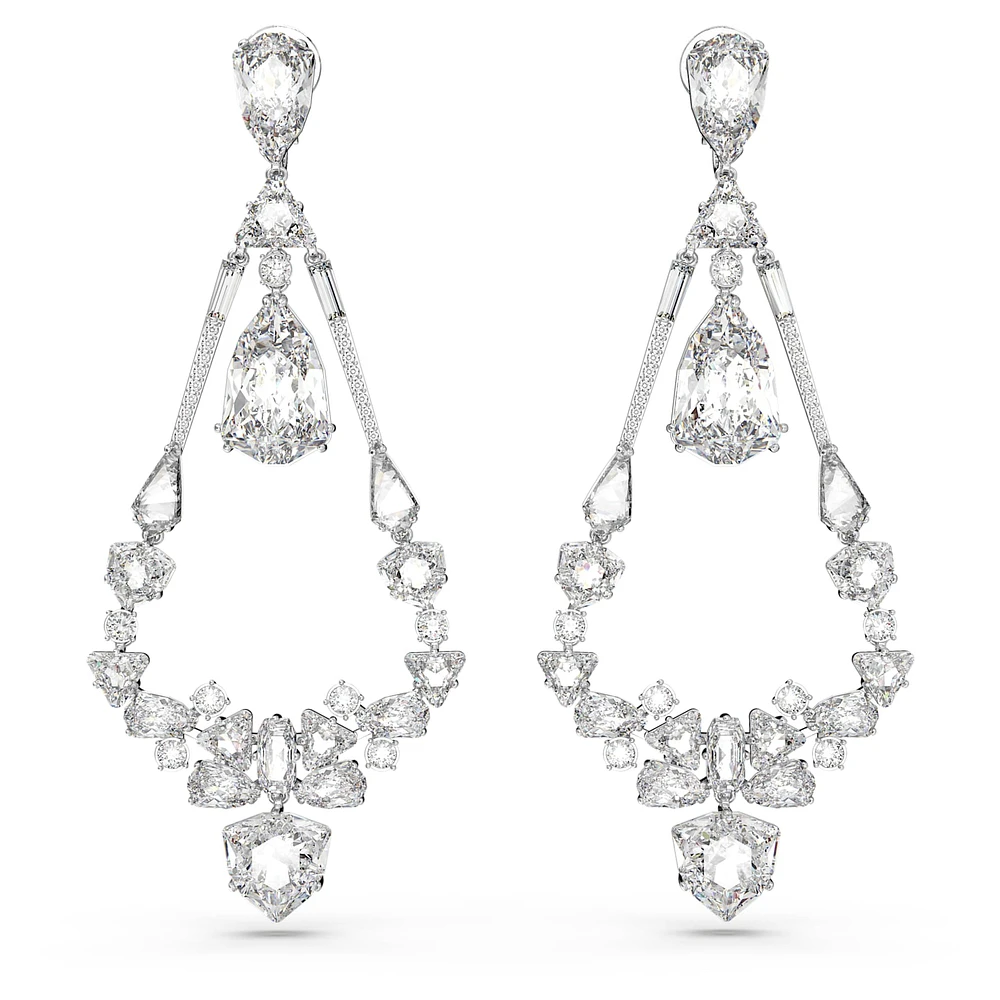 Mesmera clip earrings, Mixed cuts, Chandelier, Long, White, Rhodium plated by SWAROVSKI