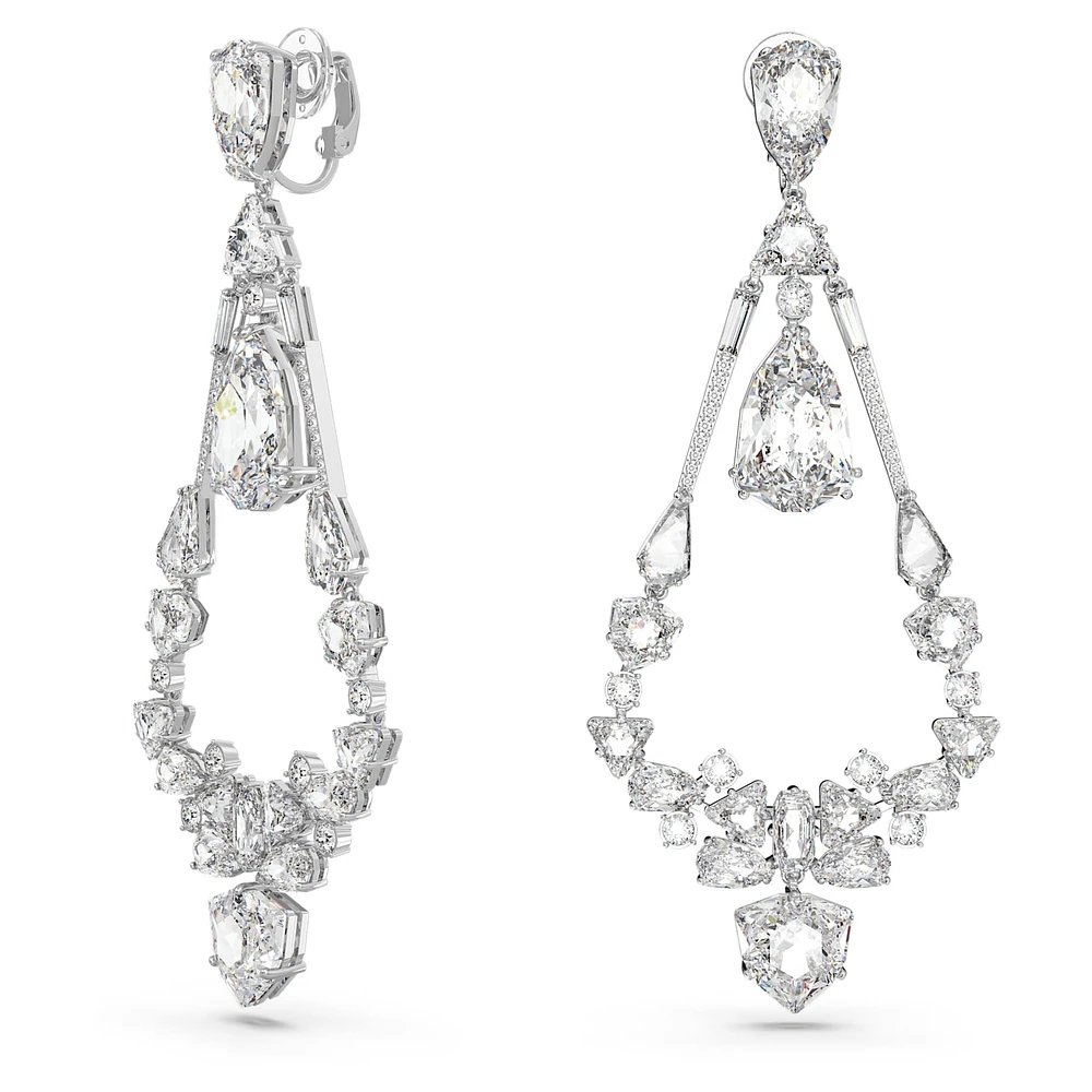 Mesmera clip earrings, Mixed cuts, Chandelier, Long, White, Rhodium plated by SWAROVSKI