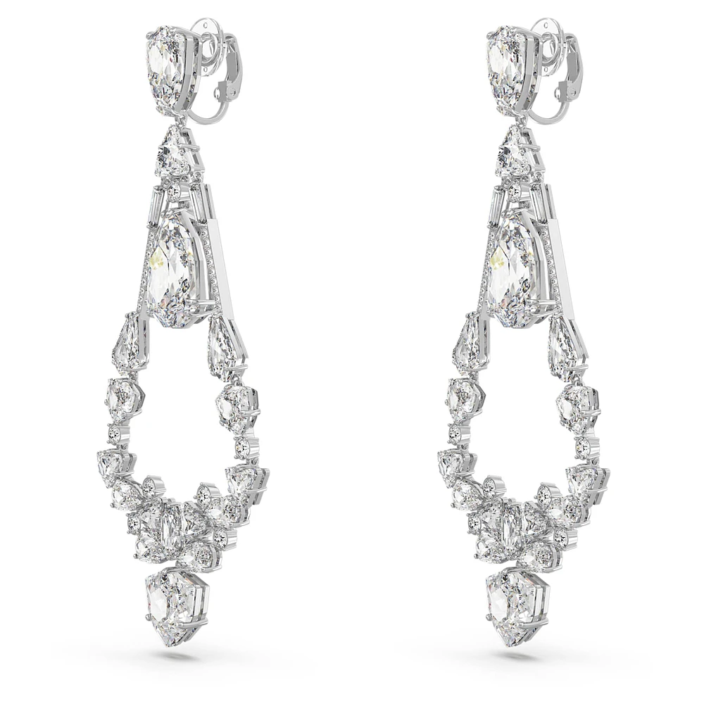 Mesmera clip earrings, Mixed cuts, Chandelier, Long, White, Rhodium plated by SWAROVSKI