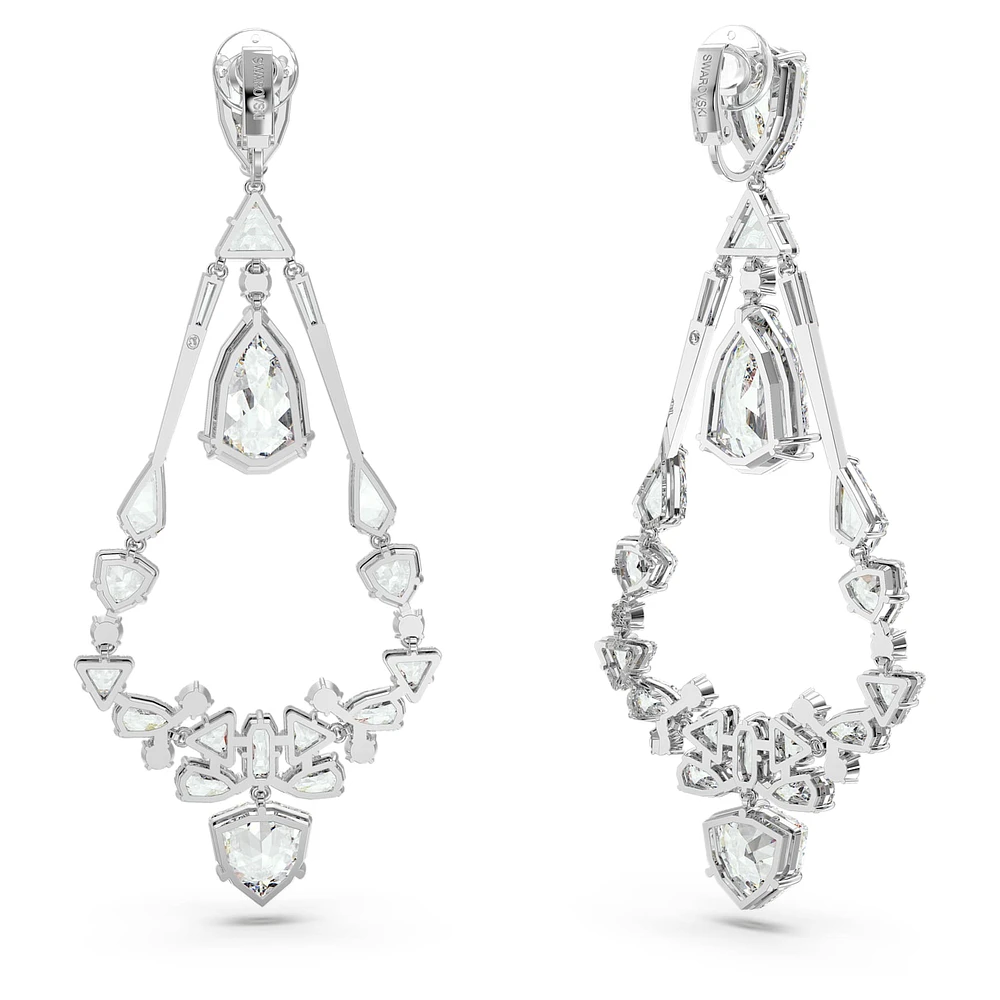 Mesmera clip earrings, Mixed cuts, Chandelier, Long, White, Rhodium plated by SWAROVSKI