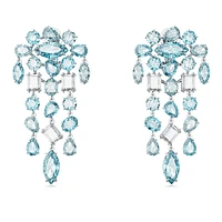 Gema clip earrings, Mixed cuts, Chandelier, Extra long, Blue, Rhodium plated by SWAROVSKI