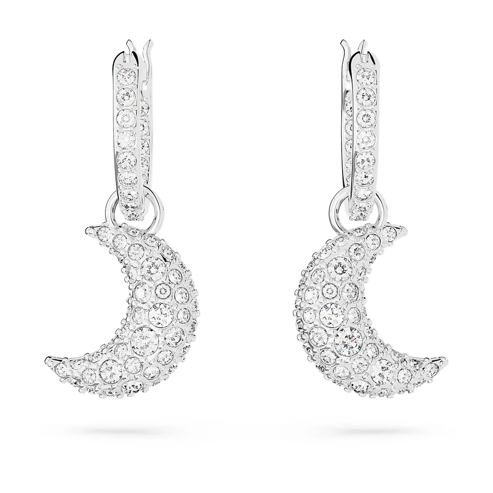 Luna drop earrings, Moon, White, Rhodium plated by SWAROVSKI