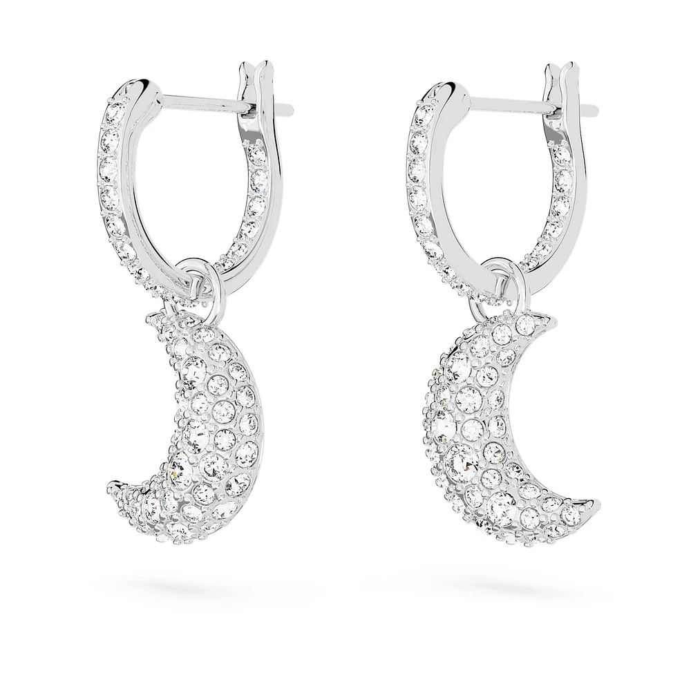 Luna drop earrings, Moon, White, Rhodium plated by SWAROVSKI