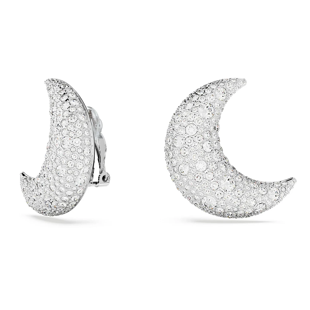 Luna clip earrings, Moon, White, Rhodium plated by SWAROVSKI
