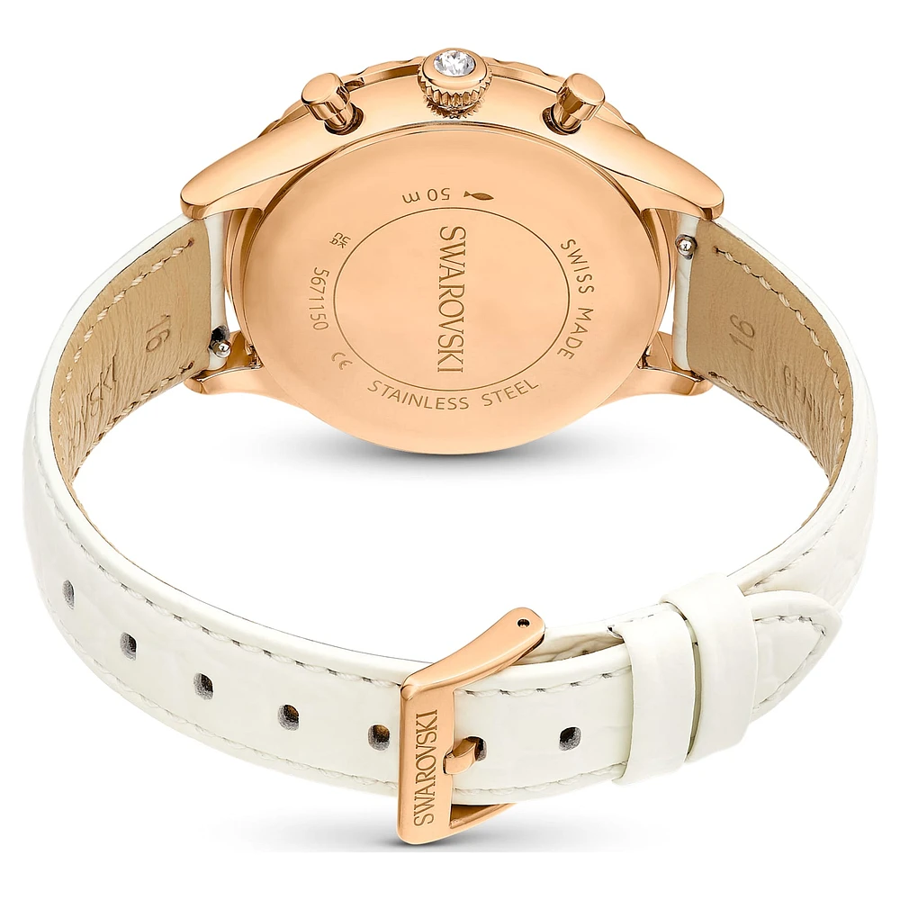 Octea Chrono watch, Swiss Made, Leather strap, White, Rose gold-tone finish by SWAROVSKI