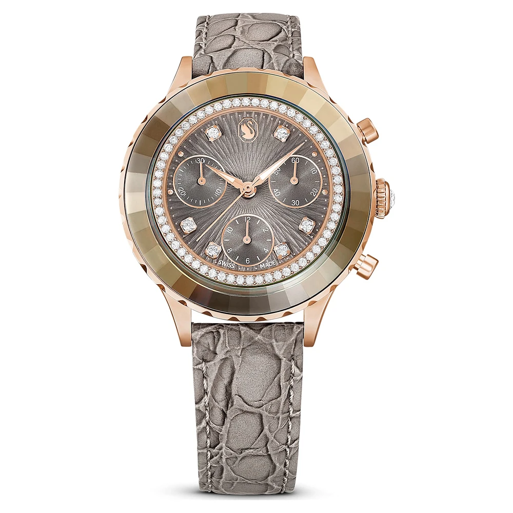 Octea Chrono watch, Swiss Made, Leather strap, Grey, Rose gold-tone finish by SWAROVSKI