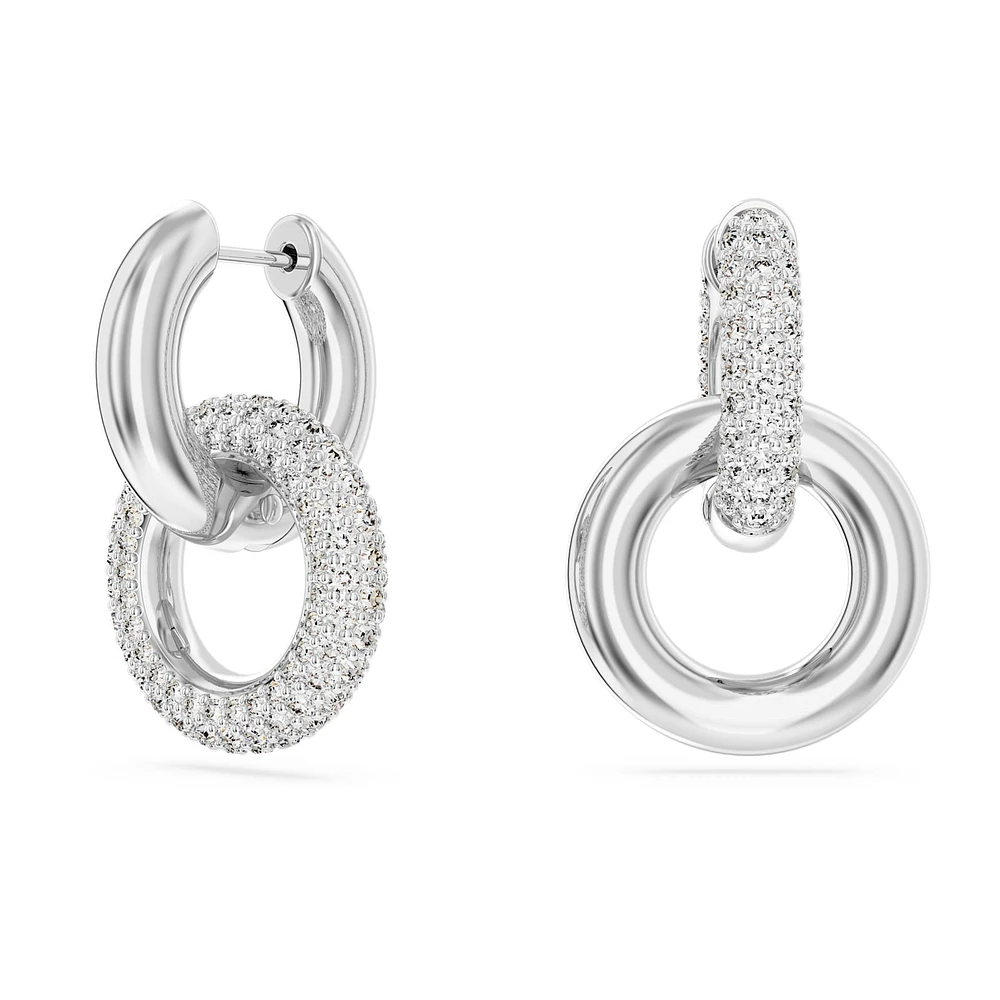 Dextera hoop earrings, Asymmetrical design, Interlocking loop, White, Rhodium plated by SWAROVSKI
