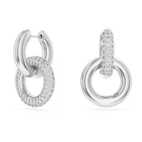 Dextera hoop earrings, Asymmetrical design, Interlocking loop, White, Rhodium plated by SWAROVSKI