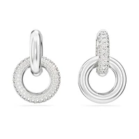 Dextera hoop earrings, Asymmetrical design, Interlocking loop, White, Rhodium plated by SWAROVSKI