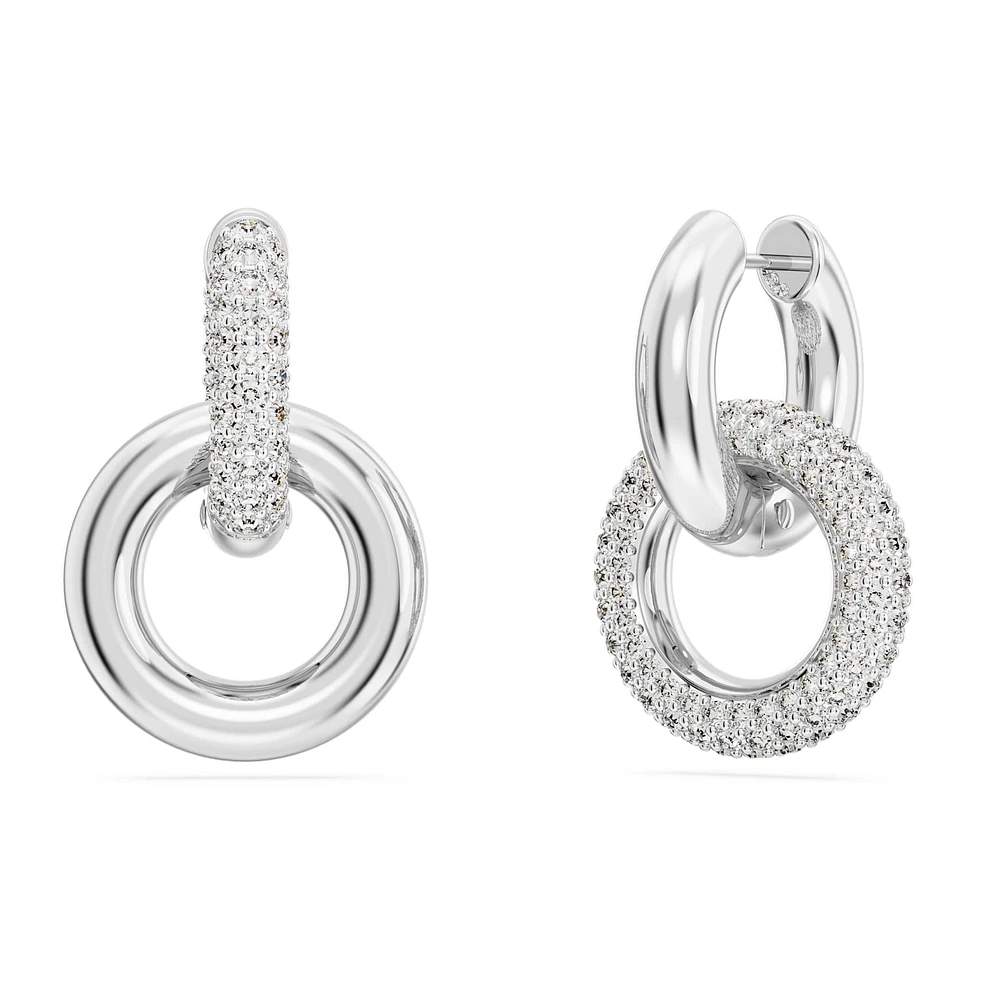 Dextera hoop earrings, Asymmetrical design, Interlocking loop, White, Rhodium plated by SWAROVSKI