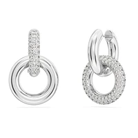 Dextera hoop earrings, Asymmetrical design, Interlocking loop, White, Rhodium plated by SWAROVSKI