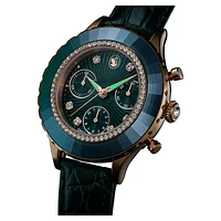 Octea Chrono watch, Swiss Made, Leather strap, Green, Rose gold-tone finish by SWAROVSKI