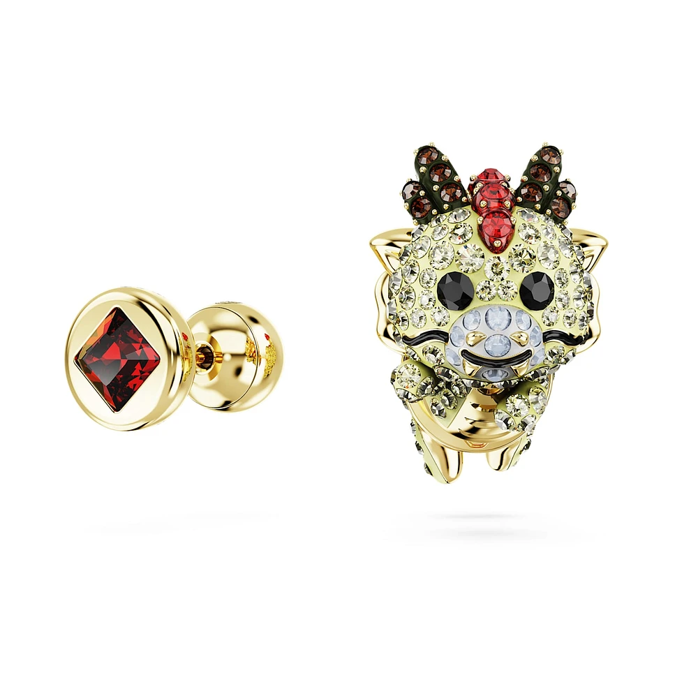 Chinese Zodiac stud earrings, Asymmetrical design, Dragon, Yellow, Gold-tone plated by SWAROVSKI