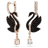 Swan drop earrings, Swan, Black, Rose gold-tone plated by SWAROVSKI