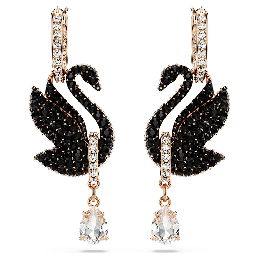 Swan drop earrings, Swan, Black, Rose gold-tone plated by SWAROVSKI