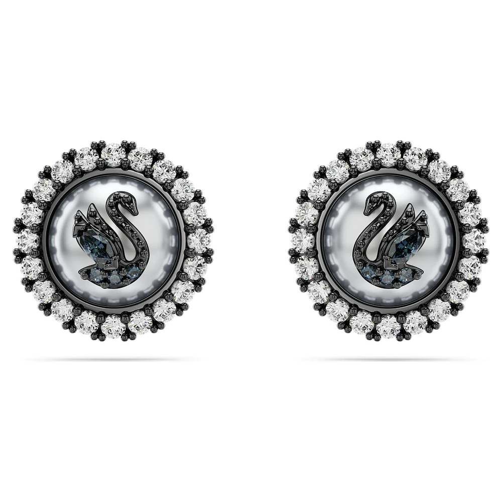 Swarovski Swan stud earrings, Crystal pearl, Swan, Grey, Ruthenium plated by SWAROVSKI
