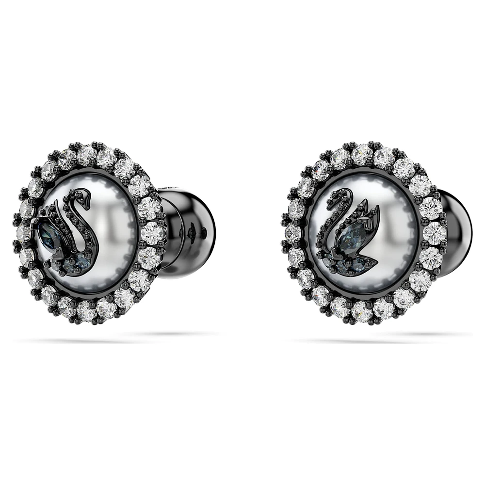 Swarovski Swan stud earrings, Crystal pearl, Swan, Grey, Ruthenium plated by SWAROVSKI