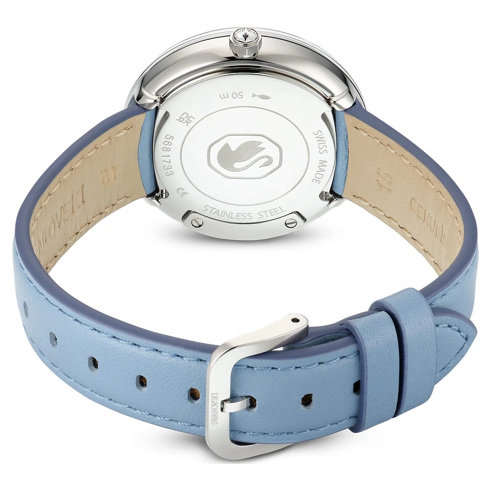 Crystalline lustre watch, Swiss Made, Leather strap, Blue, Stainless steel by SWAROVSKI