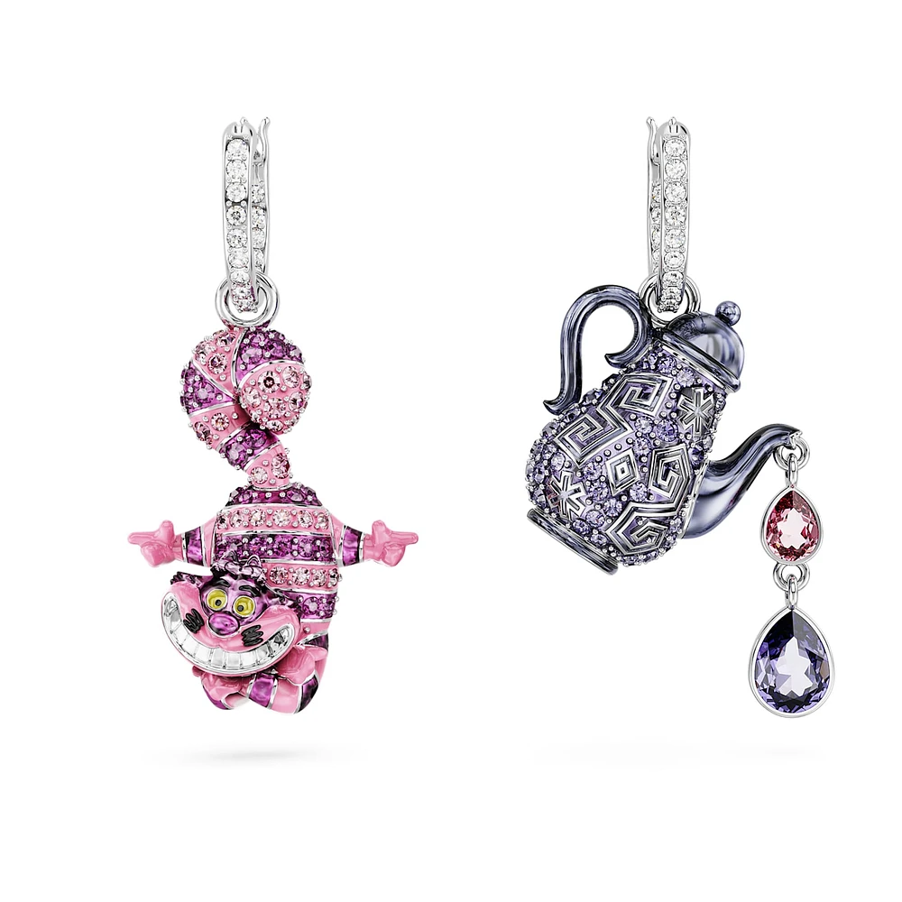 Alice in Wonderland drop earrings, Asymmetrical design, Cat and teapot, Multicoloured, Rhodium plated by SWAROVSKI