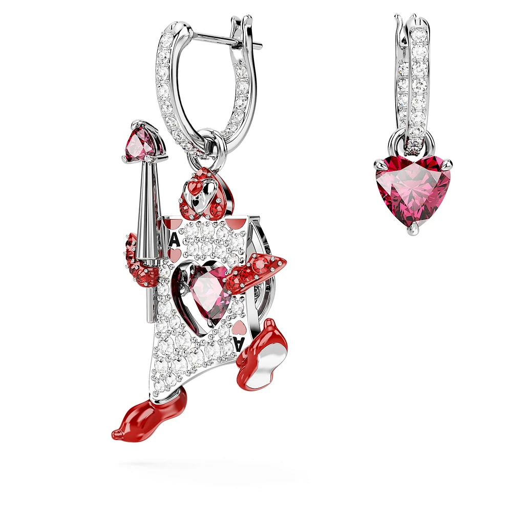Alice in Wonderland drop earrings, Asymmetrical design, Playing card, Red, Rhodium plated by SWAROVSKI