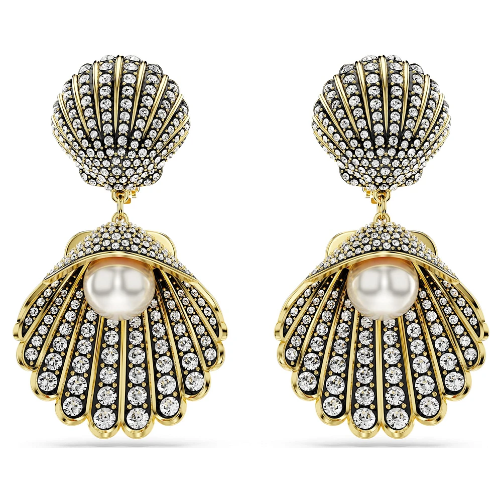 Idyllia clip earrings, Crystal pearl, Shell, White, Gold-tone plated by SWAROVSKI