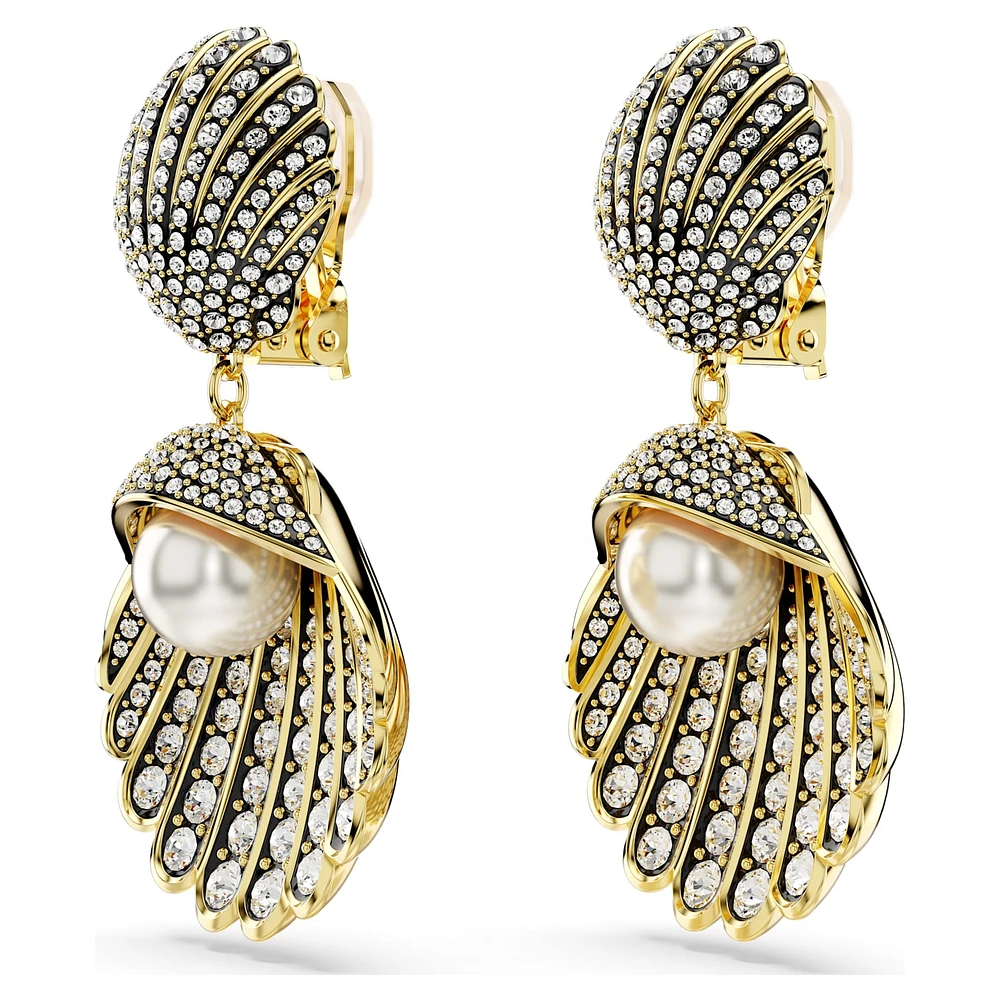 Idyllia clip earrings, Crystal pearl, Shell, White, Gold-tone plated by SWAROVSKI