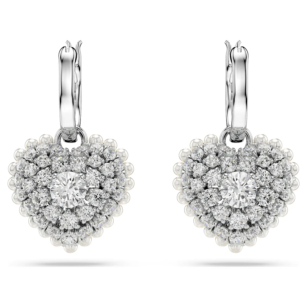 Idyllia drop earrings, Crystal pearl, Heart, White, Rhodium plated by SWAROVSKI