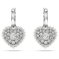 Idyllia drop earrings, Crystal pearl, Heart, White, Rhodium plated by SWAROVSKI