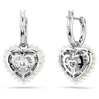 Idyllia drop earrings, Crystal pearl, Heart, White, Rhodium plated by SWAROVSKI