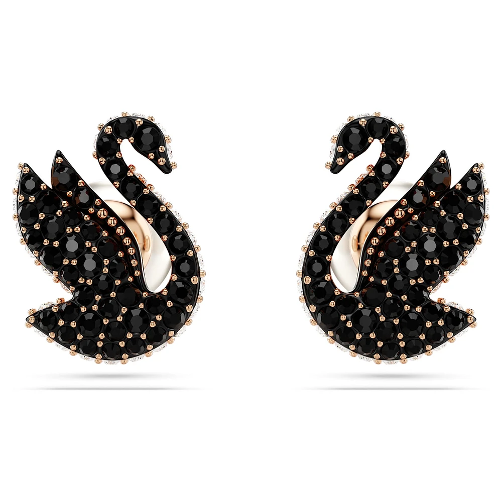 Swan stud earrings, Crystal pearl, Swan, Black, Rose gold-tone plated by SWAROVSKI