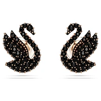 Swan stud earrings, Crystal pearl, Swan, Black, Rose gold-tone plated by SWAROVSKI