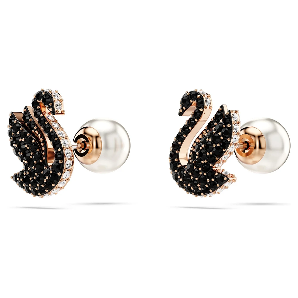 Swan stud earrings, Crystal pearl, Swan, Black, Rose gold-tone plated by SWAROVSKI