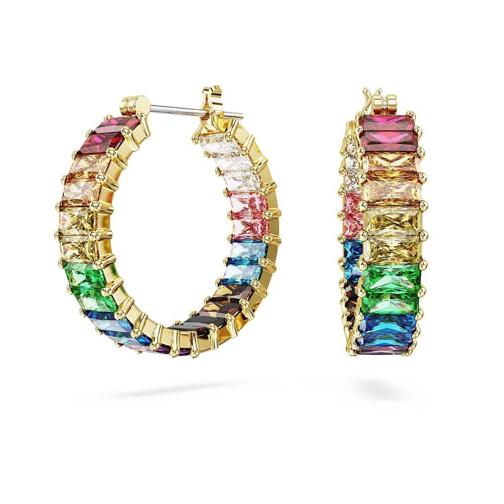 Matrix hoop earrings, Baguette cut, Multicoloured, Gold-tone plated by SWAROVSKI